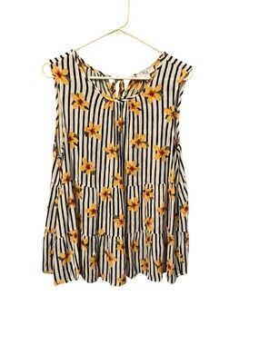 Sleeveless Black & White Striped Tunic with Yellow Floral Print